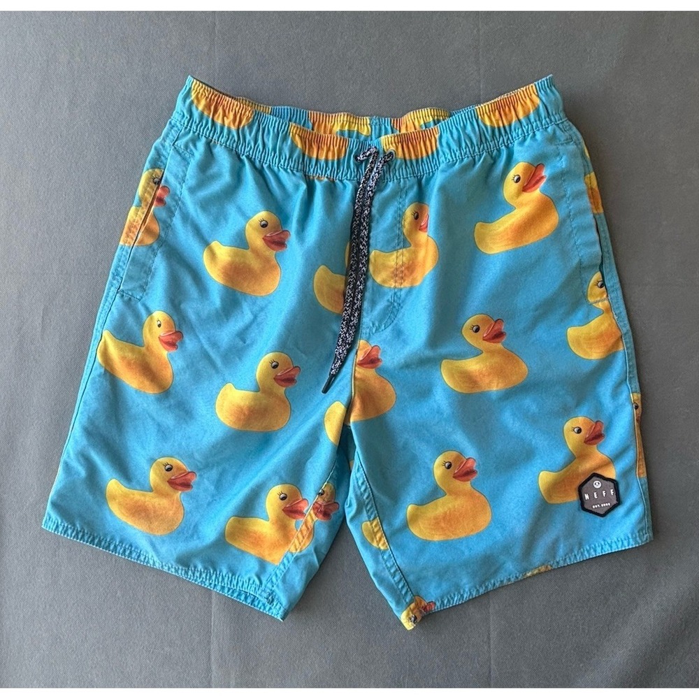 NEFF Rubber Duckie Mens Board Small Shorts Blue Tropical Drawstring beach preppy